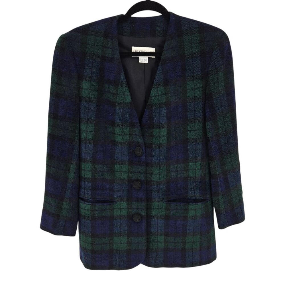 Liz Claiborne size 4 green blue Tartan plaid 3 button long blazer wool blend